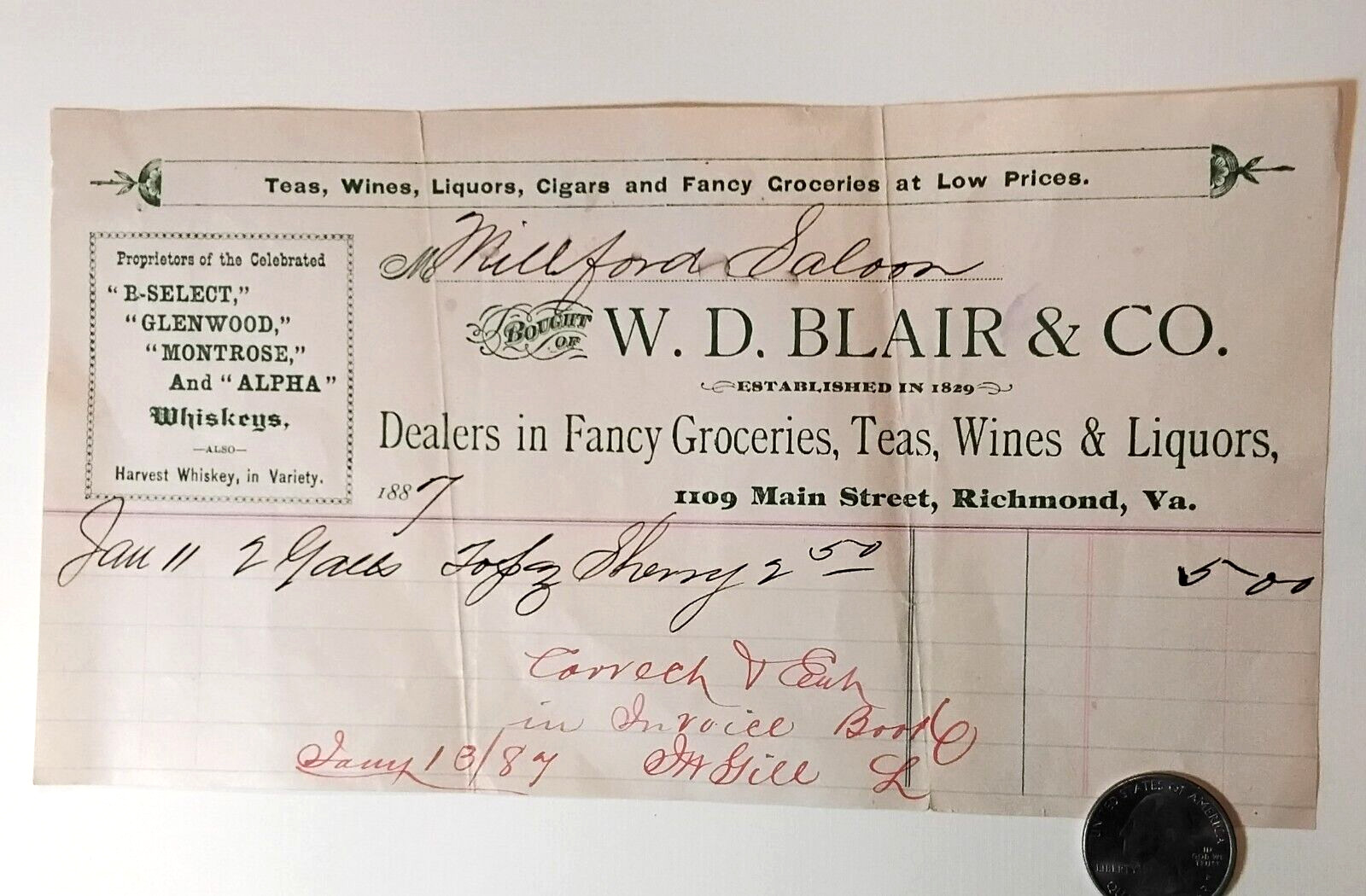 Original 1887 Whiskey Receipt from  W.D. Blair & Co. Richmond Va. 1887