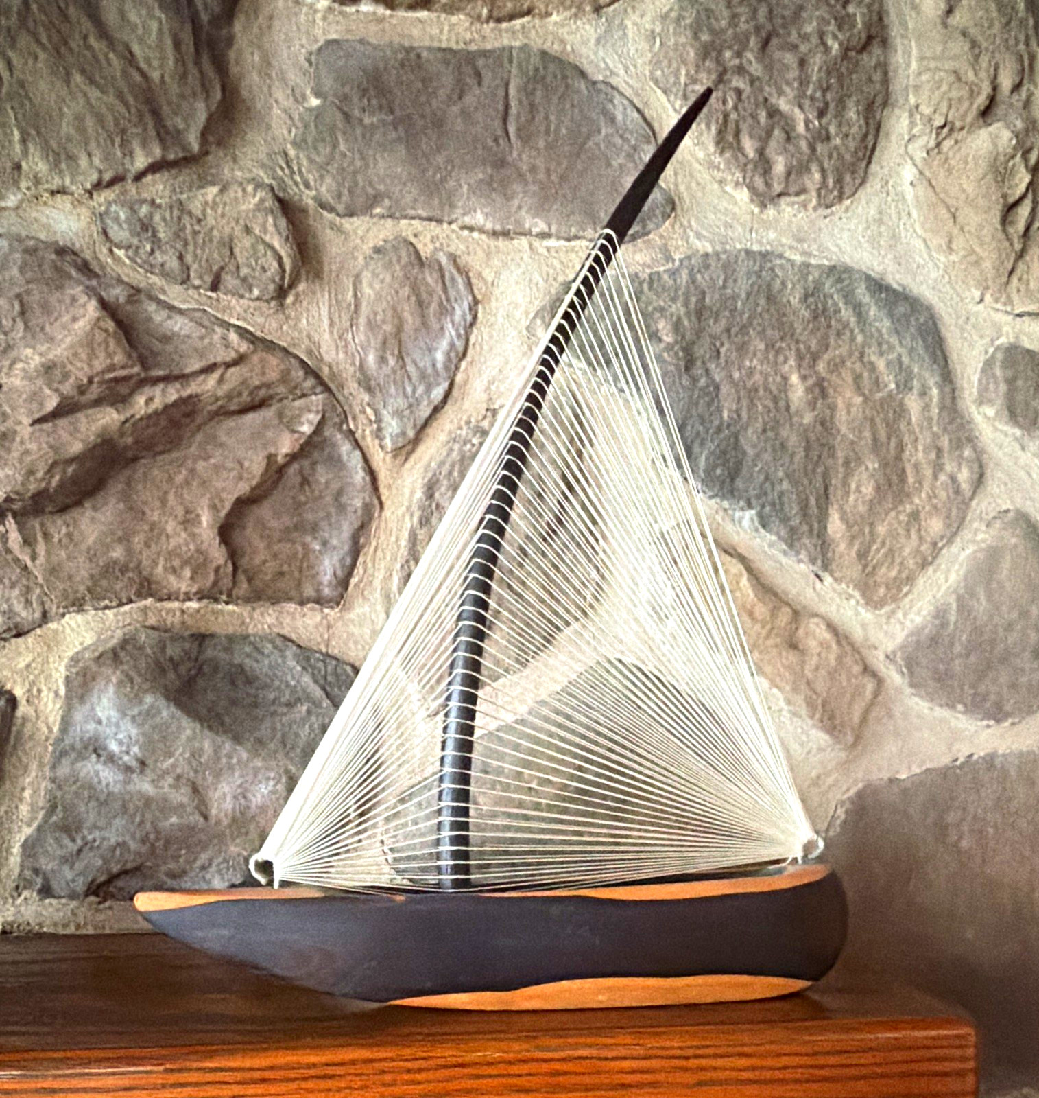 1970s Mid century Sailboat Model with String Sail, handmade artisan monkey pod