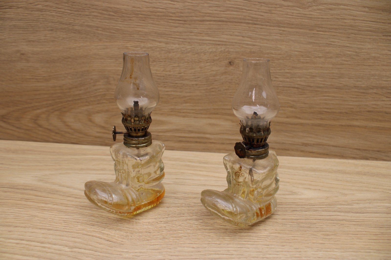 Vintage Clear Glass Boot Shaped Miniature Oil Lamps Matching Pair of 2