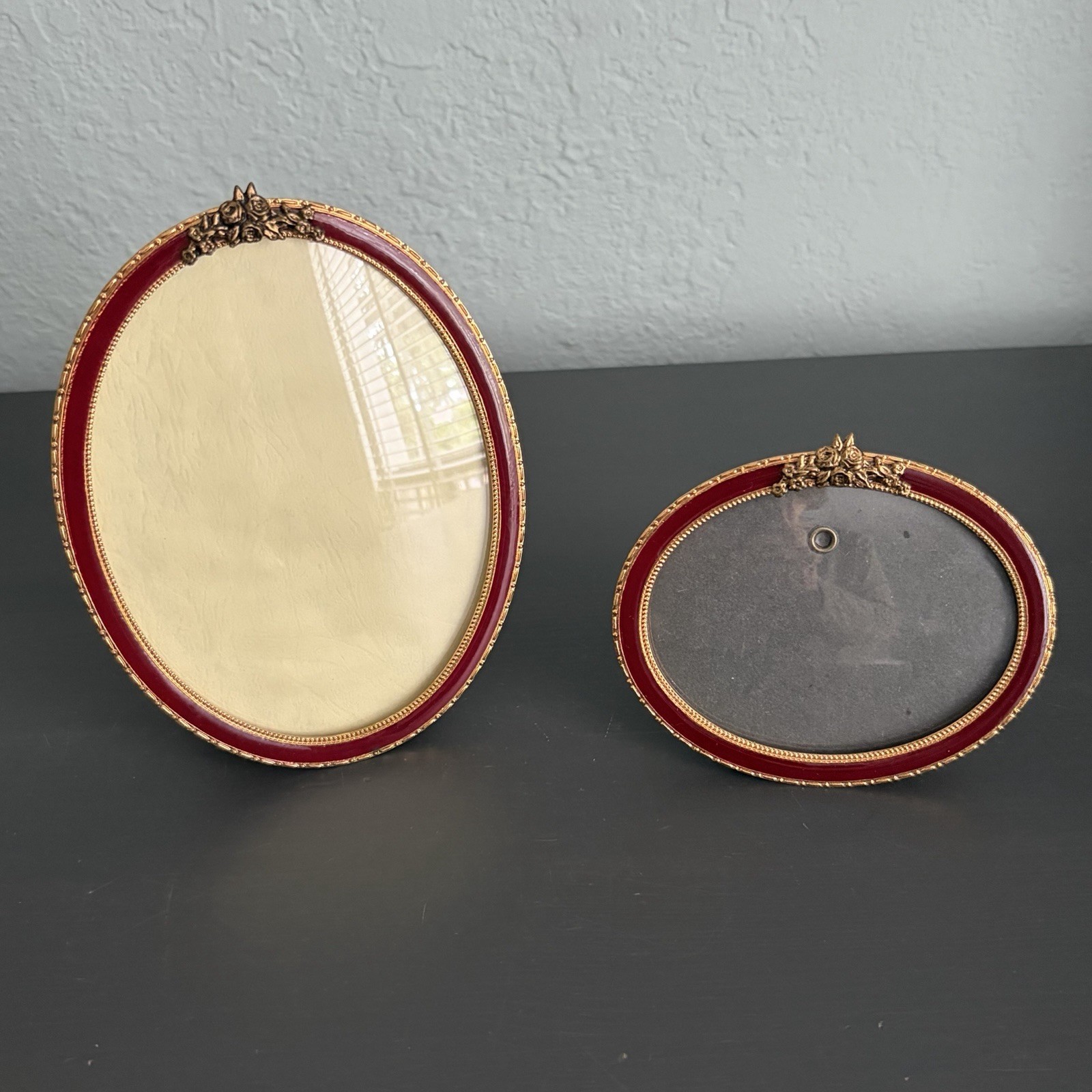 2 VTG Oval Brass Photo Frames Red Enamel Bubble Glass French Regency Flowers