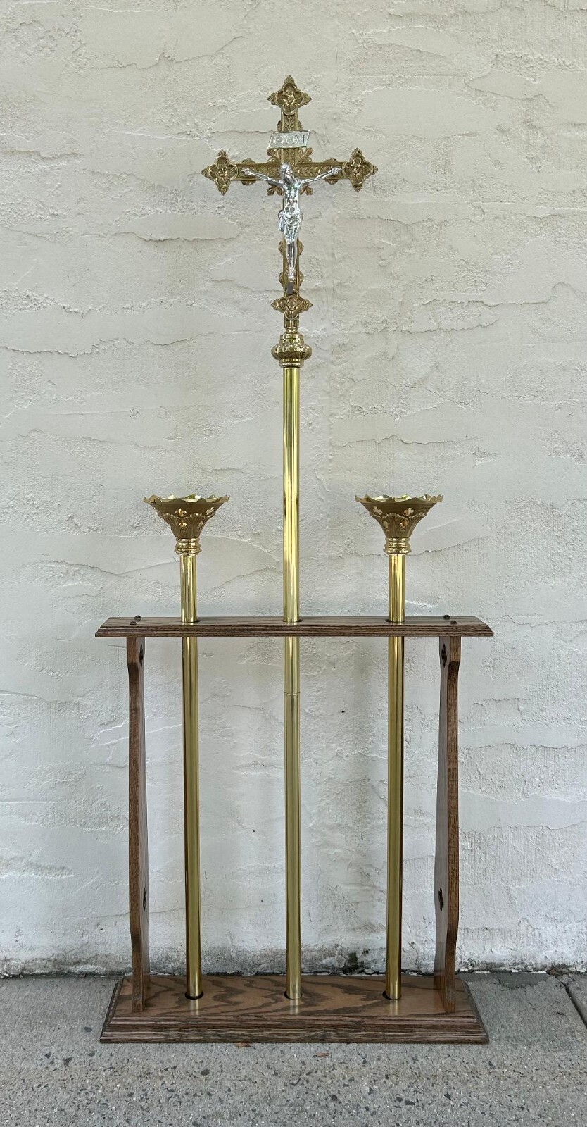 BRASS & SILVER PROCESSIONAL CROSS & PAIR OF ACOLYTE CANDLESTICKS W/ WOOD STAND