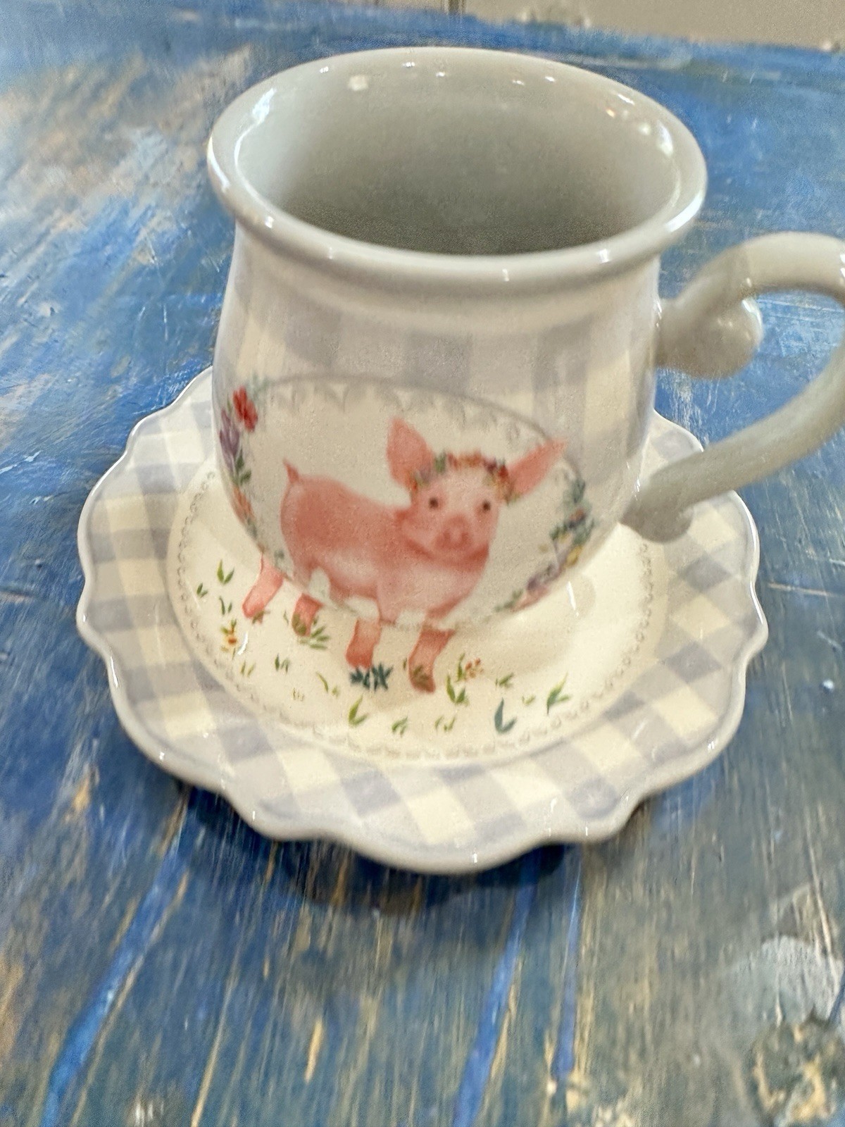 HTF Pioneer Woman Gingham Pig Mug &  Saucer cottage core granny core home design