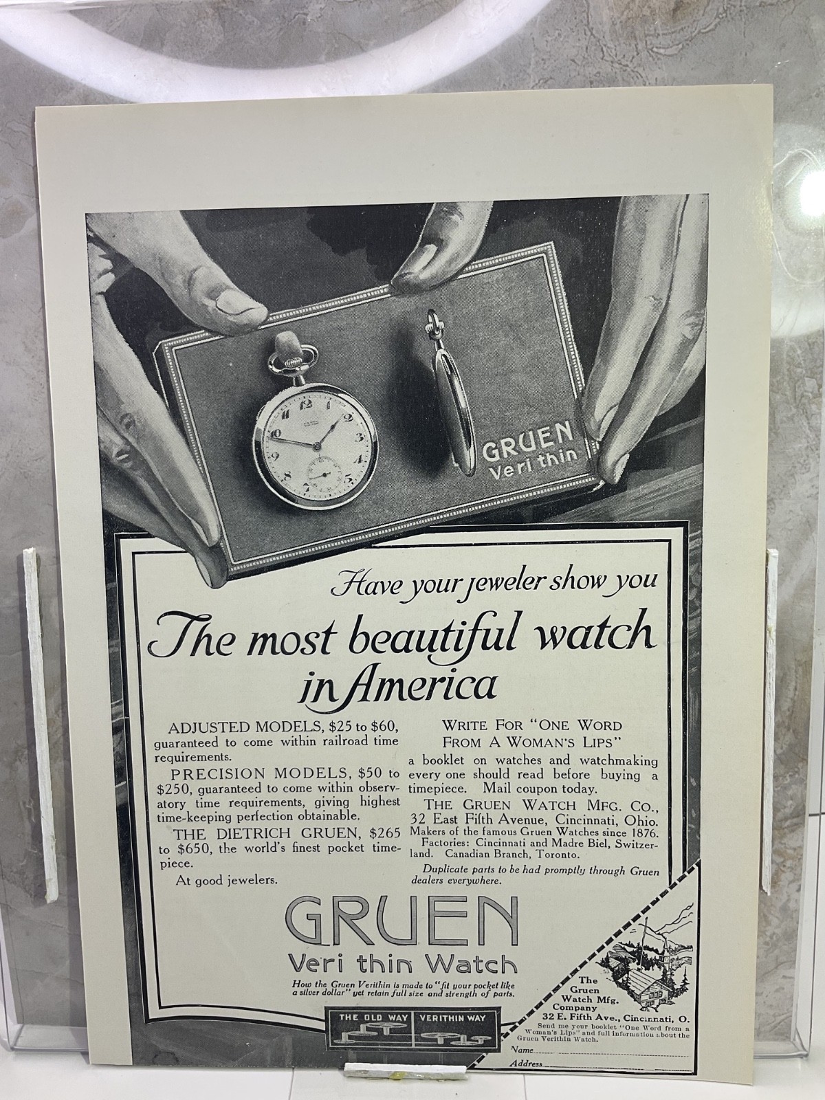 1915 Vintage Black & White Printed Advertisement Gruen Watch Mfg. Veri Thin.
