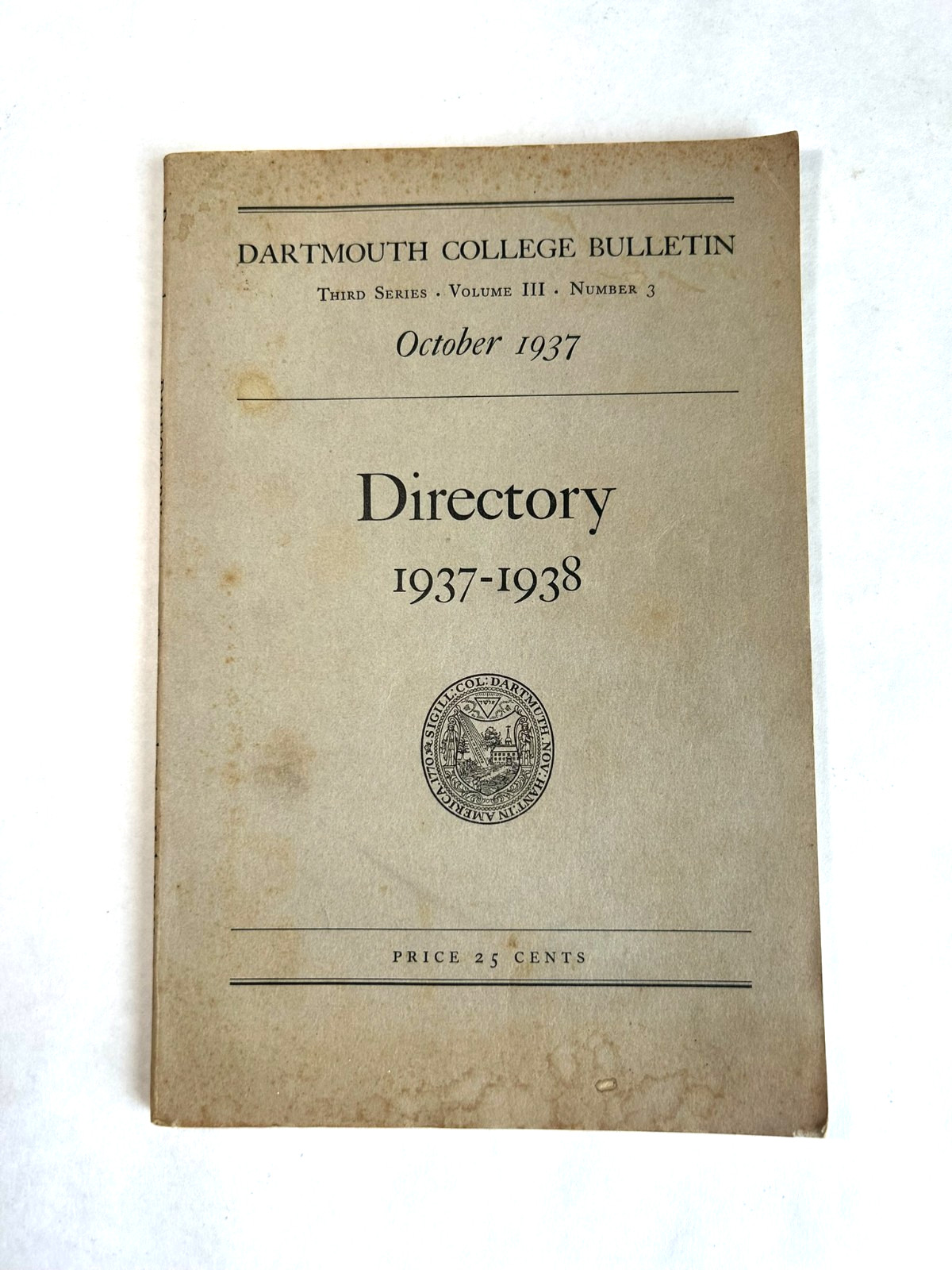 Vintage 1937-1938 Directory of Officers & Students of Dartmouth College