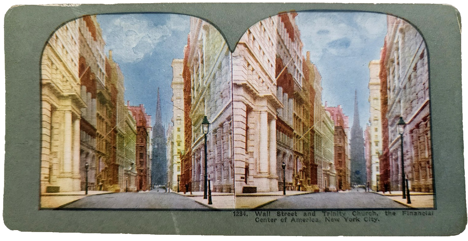 Antique Stereoview Wall Street Trinity Church NYC Colorized #1234