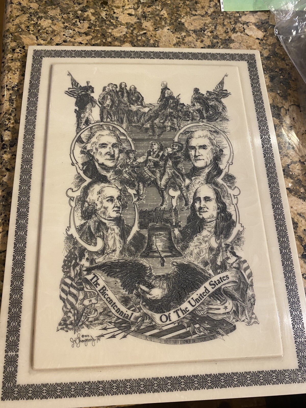 RARE VINTAGE JK THOMPSON JR. ETCHED MARBLE 1975 BICENTENNIAL OF UNITED STATES