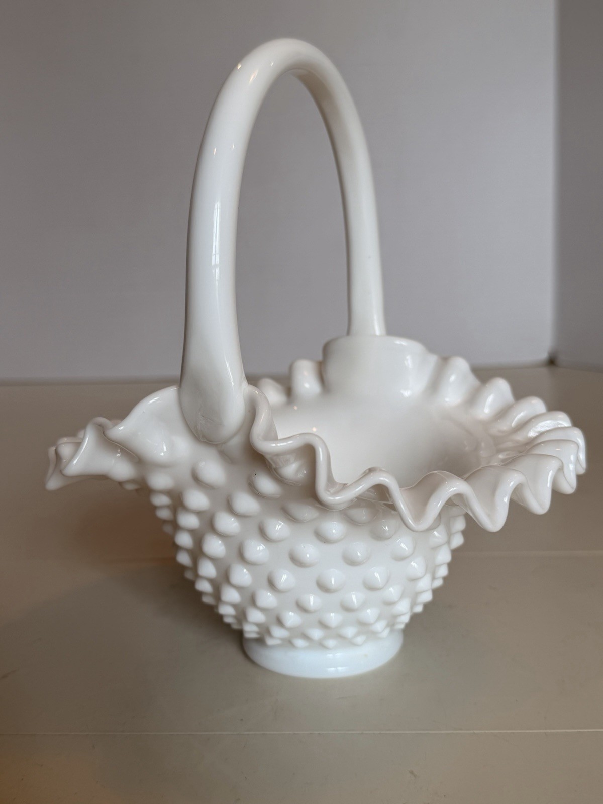 Vintage Fenton Glass White Milk Glass Hobnail Basket Ruffled Edge Curved Handle