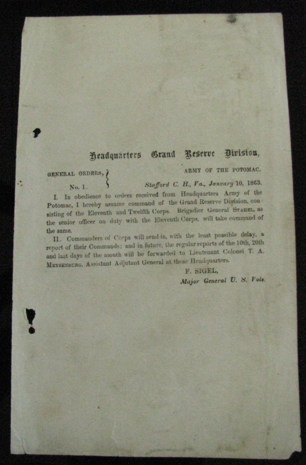 CIVIL WAR GENERAL FRANZ SIGEL STAFFORD COURTHOUSE VIRGINIA ORDER