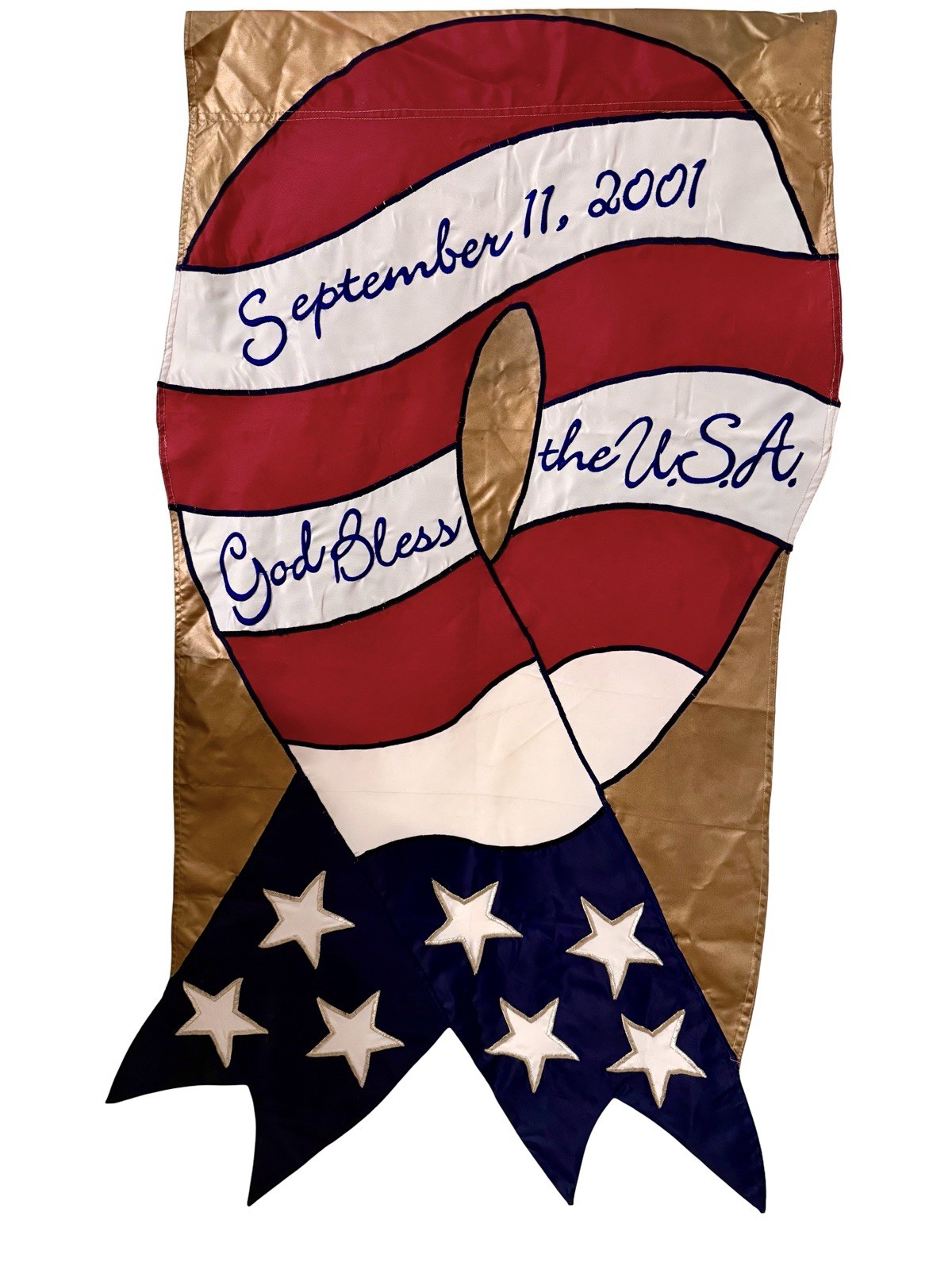 Vintage September 11 2001 USA Flag God Bless The USA STITCHED RARE 45.5” x 24.5”