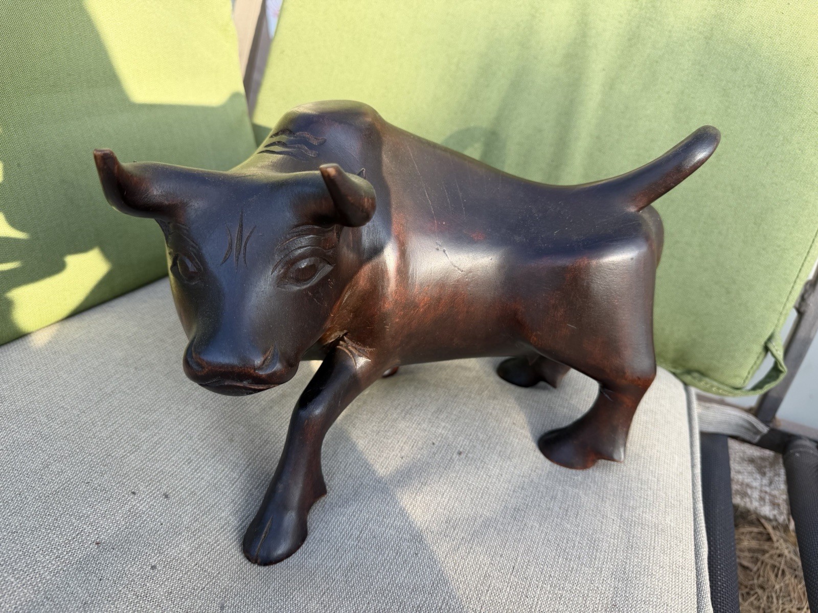 Vintage Hand Carved Polished Wood Bull Sculpture