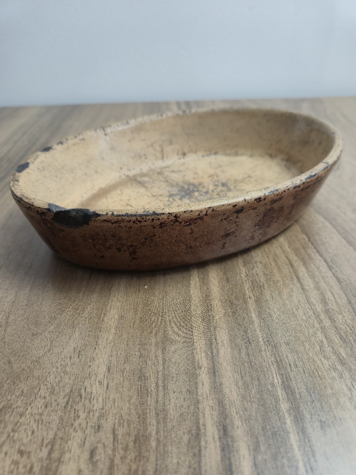 Antique oval crackled earthenware dish, stamped no. 8, vintage patina, 24 cm Antique oval crackled earthenware dish, stamped no. 8, vintage patina, 24 cm