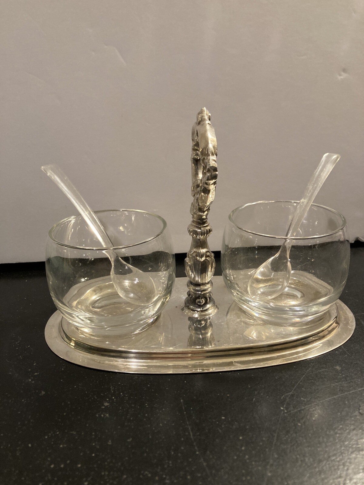 Sheridan Silver Plate condiment caddy with two small glass bowls. Silver plated