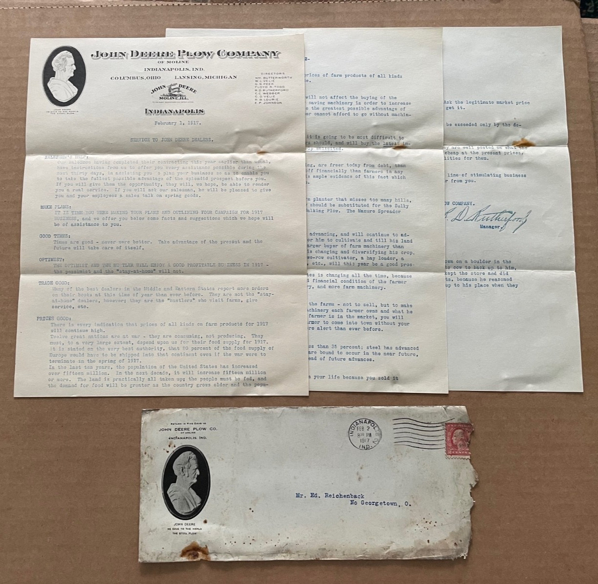 Vintage 1917 JOHN DEERE PLOW COMPANY Letterhead letters w/ Envelope #5