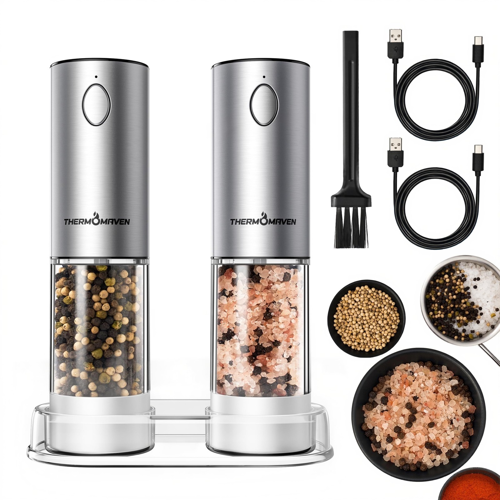 ThermoMaven Rechargeable Stainless Steel Electric Salt and Pepper Grinder Set