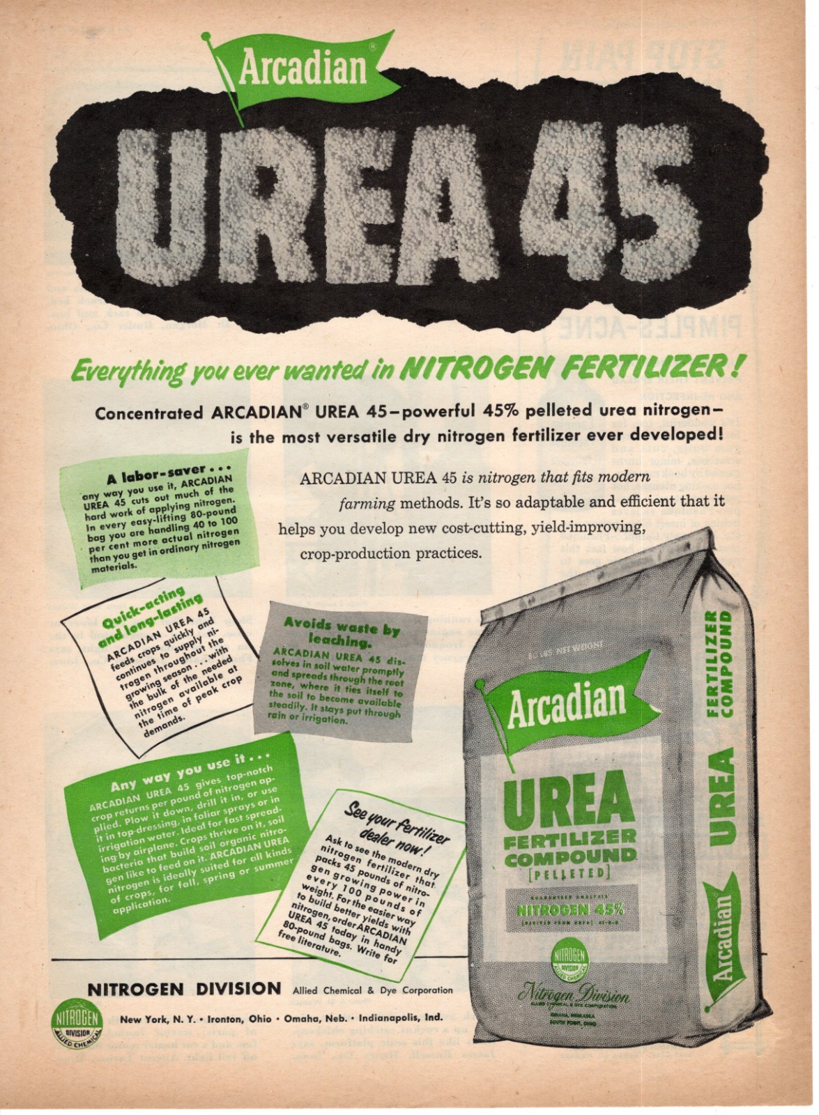 1954 Print Ad of Allied Chemical Arcadian Urea 45 Nitrogen Fertilizer