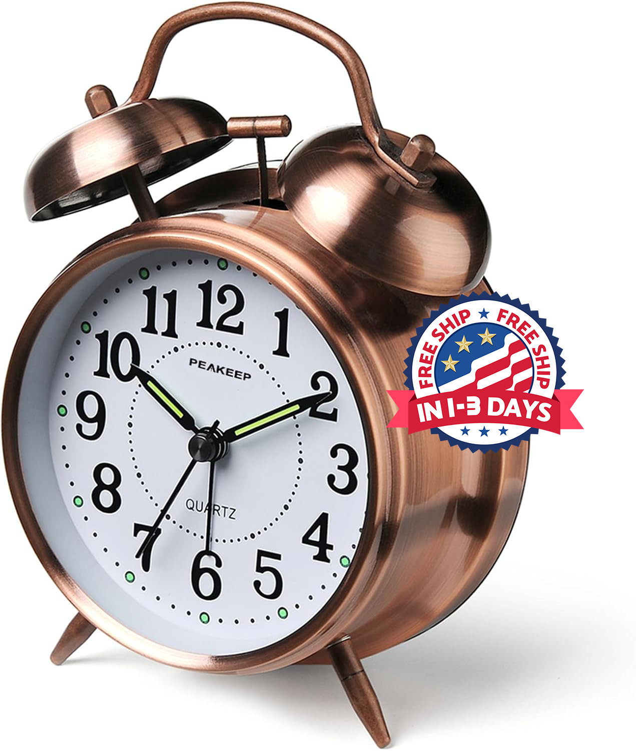 Reloj despertador vintage de cuerda de 4 pulgadas con campana doble y batería.
