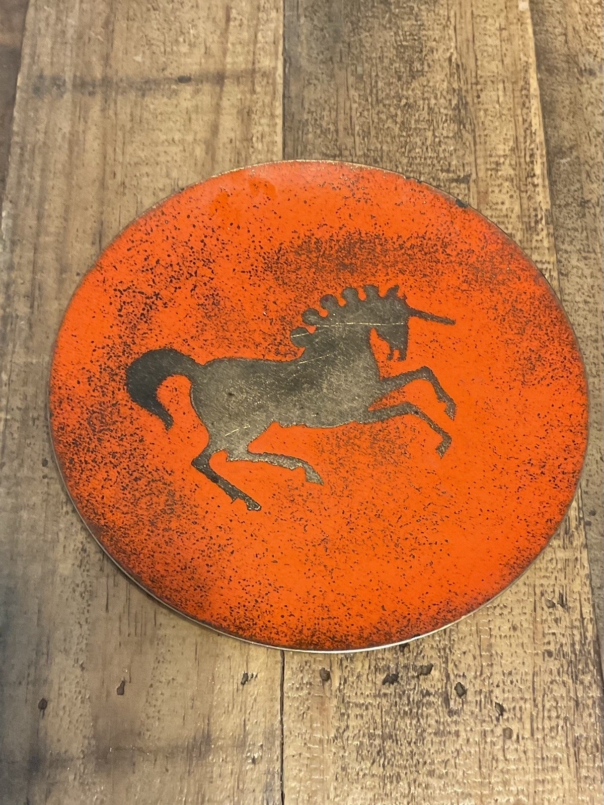 Vintage MCM Copper Enamel Dish Plate Orange Gold Unicorn Mid Century Modern