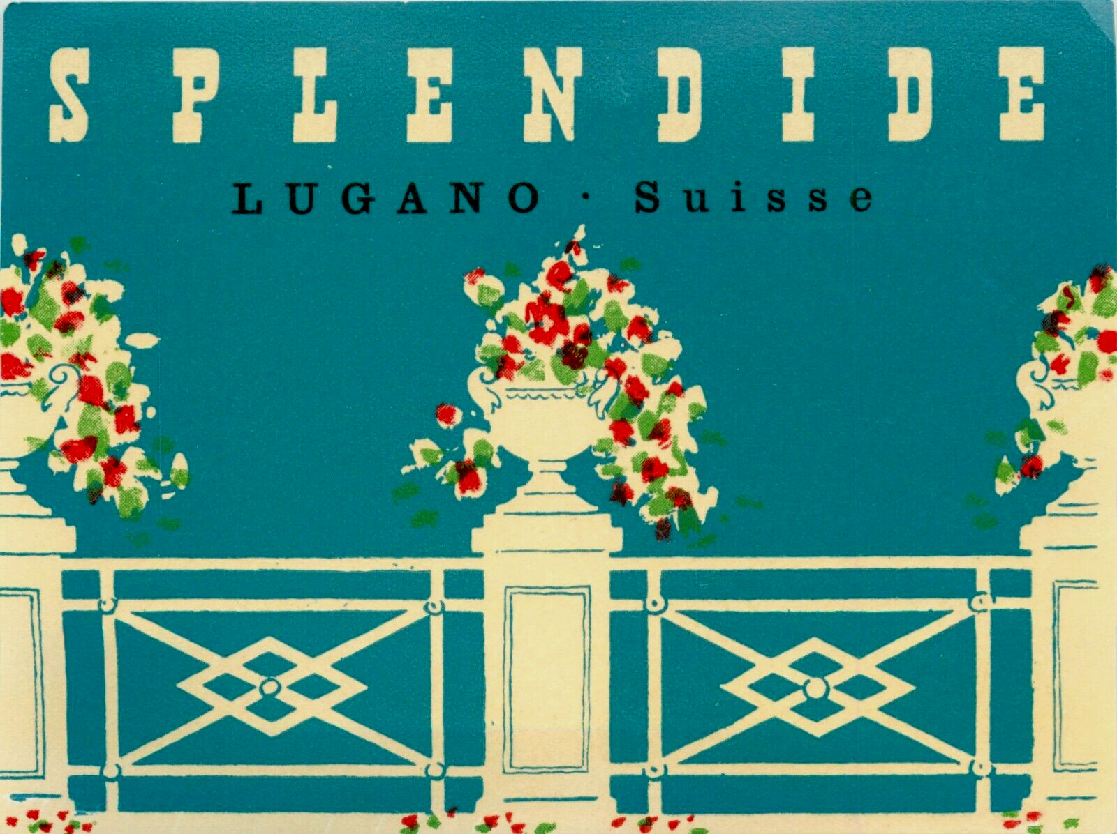 Hotel Splendide ~LUGANO - SWITZERLAND~ Vibrant / Colorful Luggage Label, c. 1950