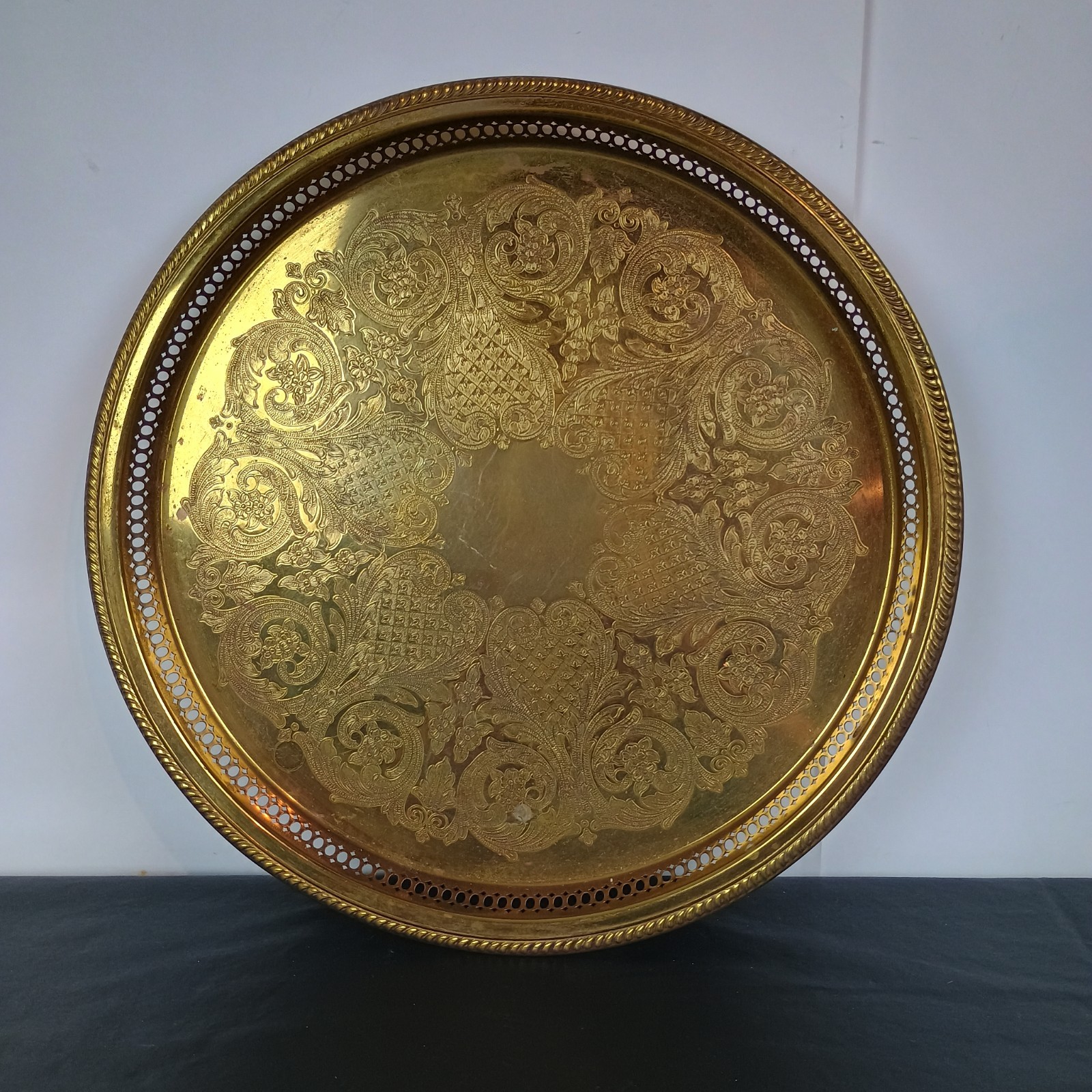 Vtg Lg Solid Brass Etched Serving Tray Pierced Gallery Edge No.14 ARTBRASS Co Vtg Lg Solid Brass Etched Serving Tray Pierced Gallery Edge No.14 ARTBRASS Co