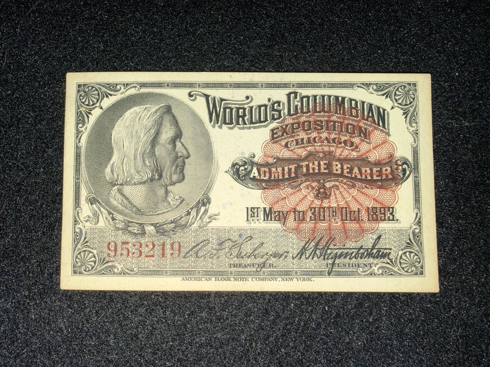 1893 World\'s Columbian Exposition Chicago Columbus Admission Ticket Excellent
