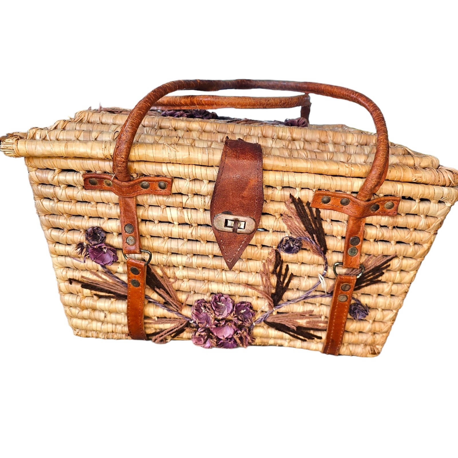 Vintage 60s Mexican Picnic Basket Woven Raffia Leather Purple Flowers 15x9x9
