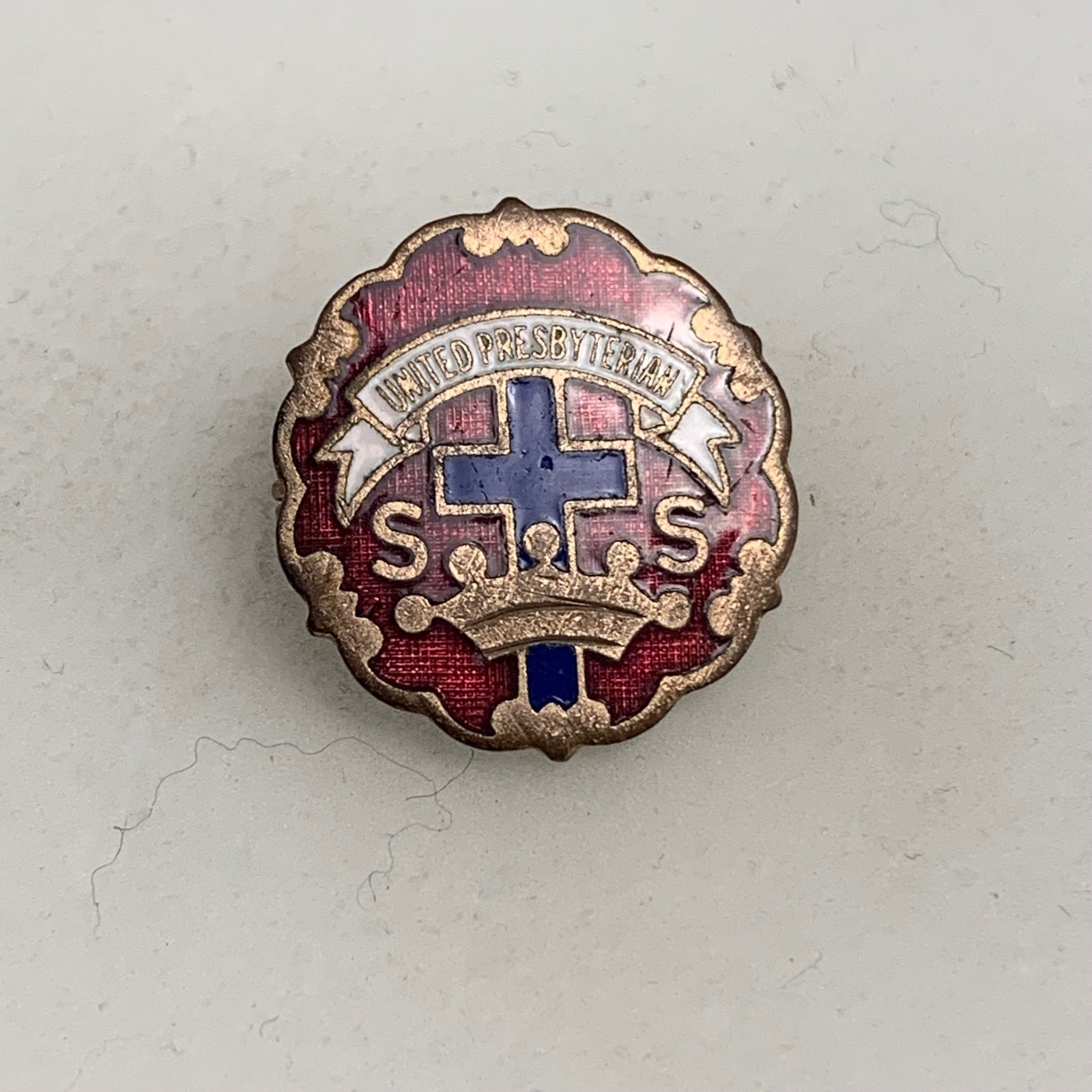 Vintage United Presbyterian SS Enamel Pin Religious Cross Crown Red Gold Tone