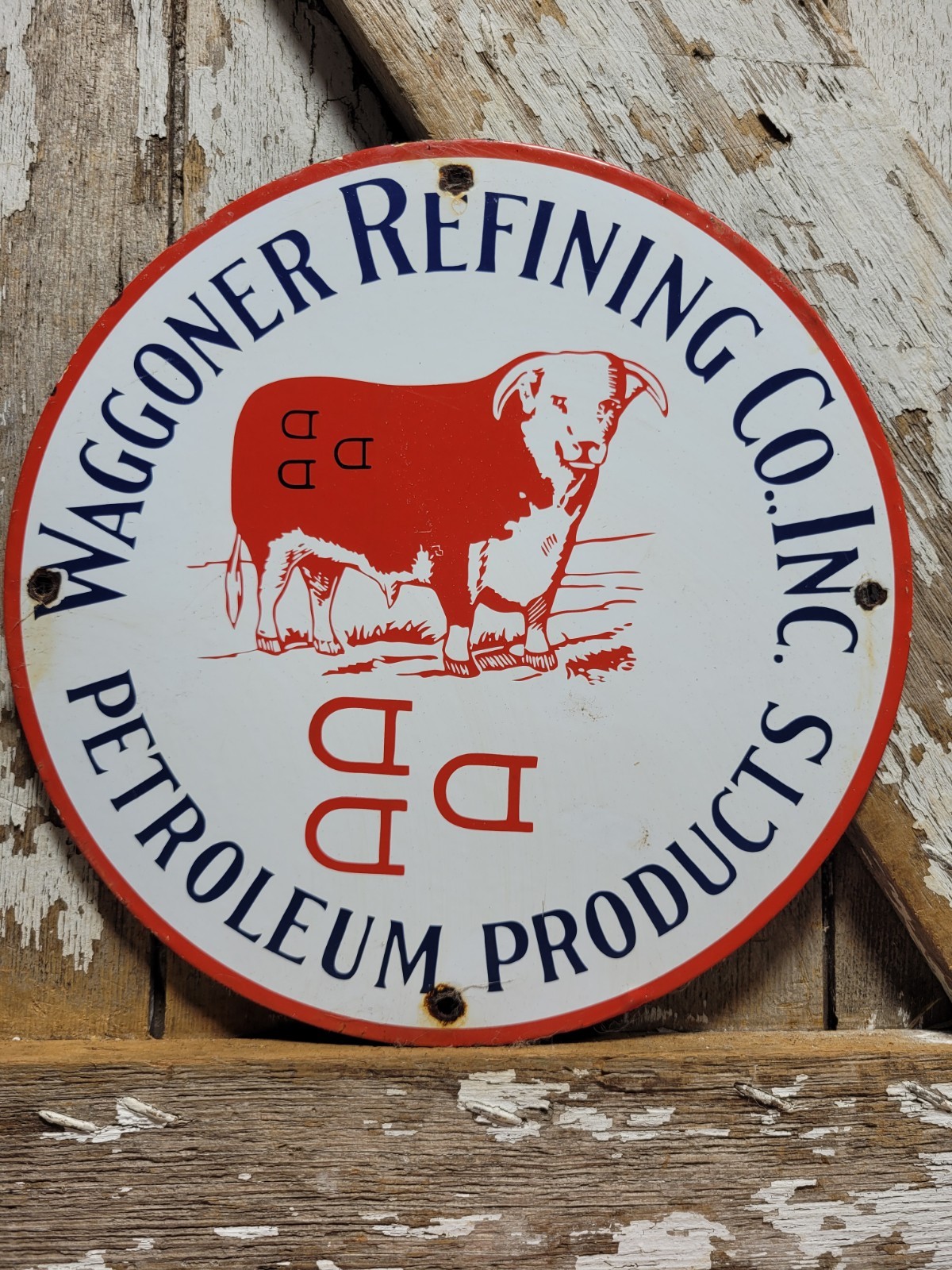 VINTAGE WAGGONER REFINING CO PORCELAIN SIGN RODEO GAS OIL CATTLE COW RANCH STEER