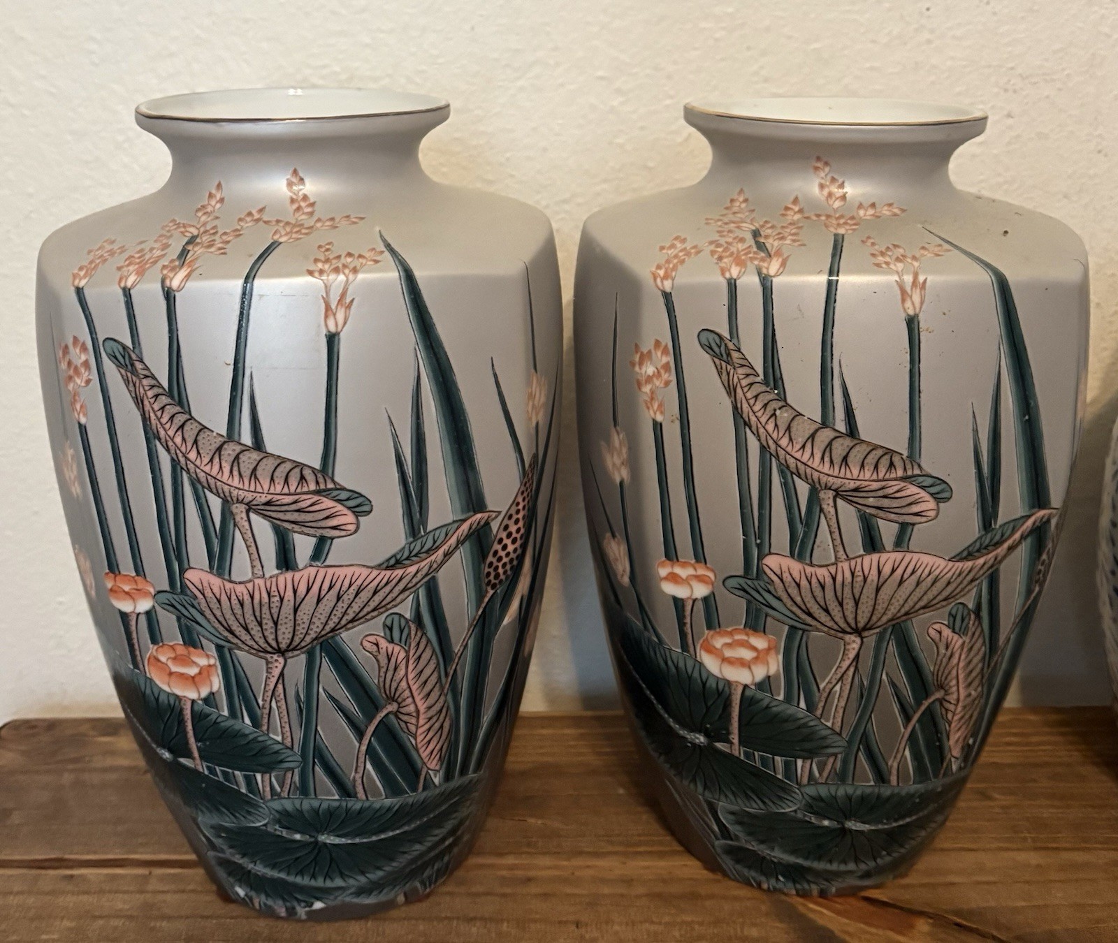 PAIR Antique Vintage Signed Chinese Porcelain Square Sided LOTUS Vases   12