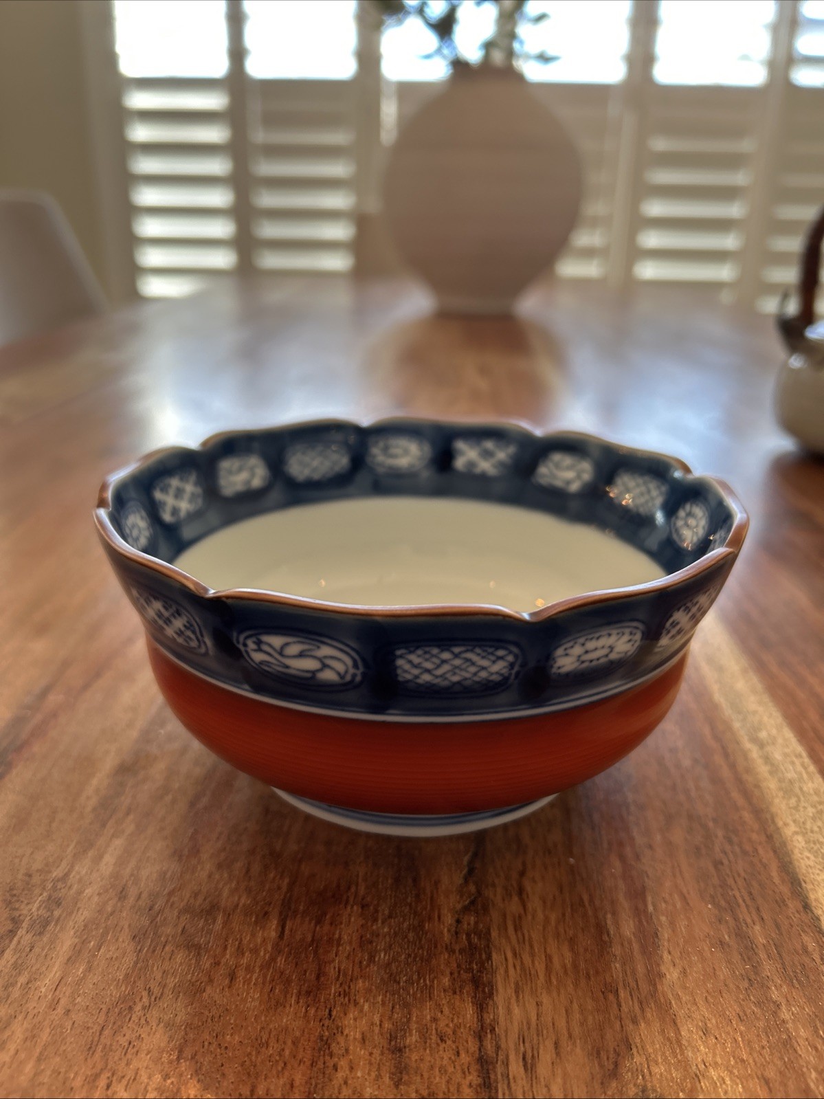 Takahashi Vintage Cobalt Blue/Burnt Orange Porcelain Bowl 6” With Scalloped Edge
