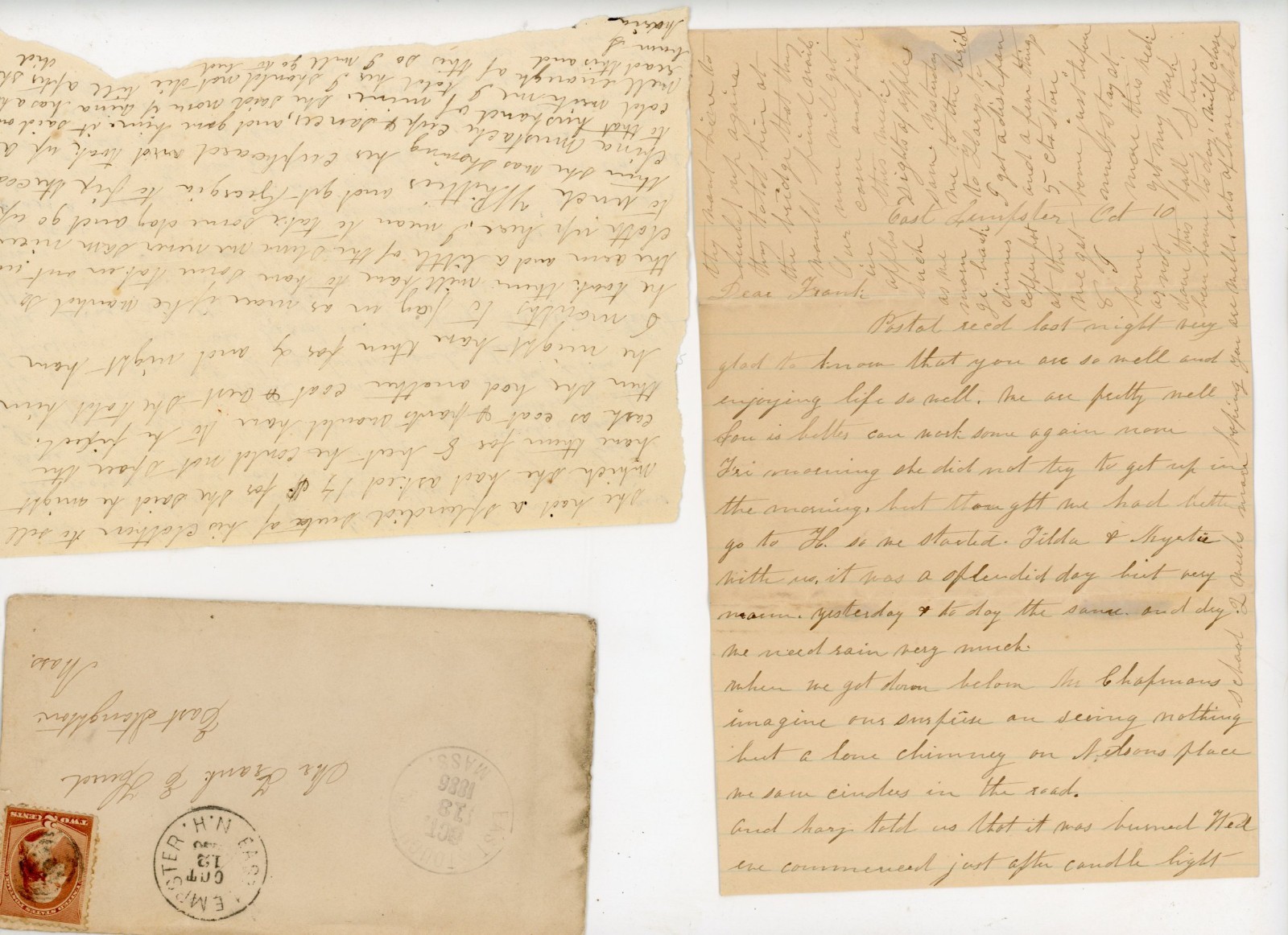 East Hampster, MA 1886 Handwritten Letter House Fire Man Hit by horse killed East Hampster, MA 1886 Handwritten Letter House Fire Man Hit by horse killed