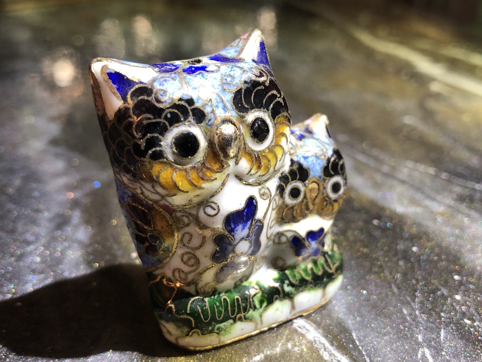 🦉 VINTAGE CHINESE CLOISONNÉ Mama & Baby OWL FIGURINE Handmade Enamel Stunning