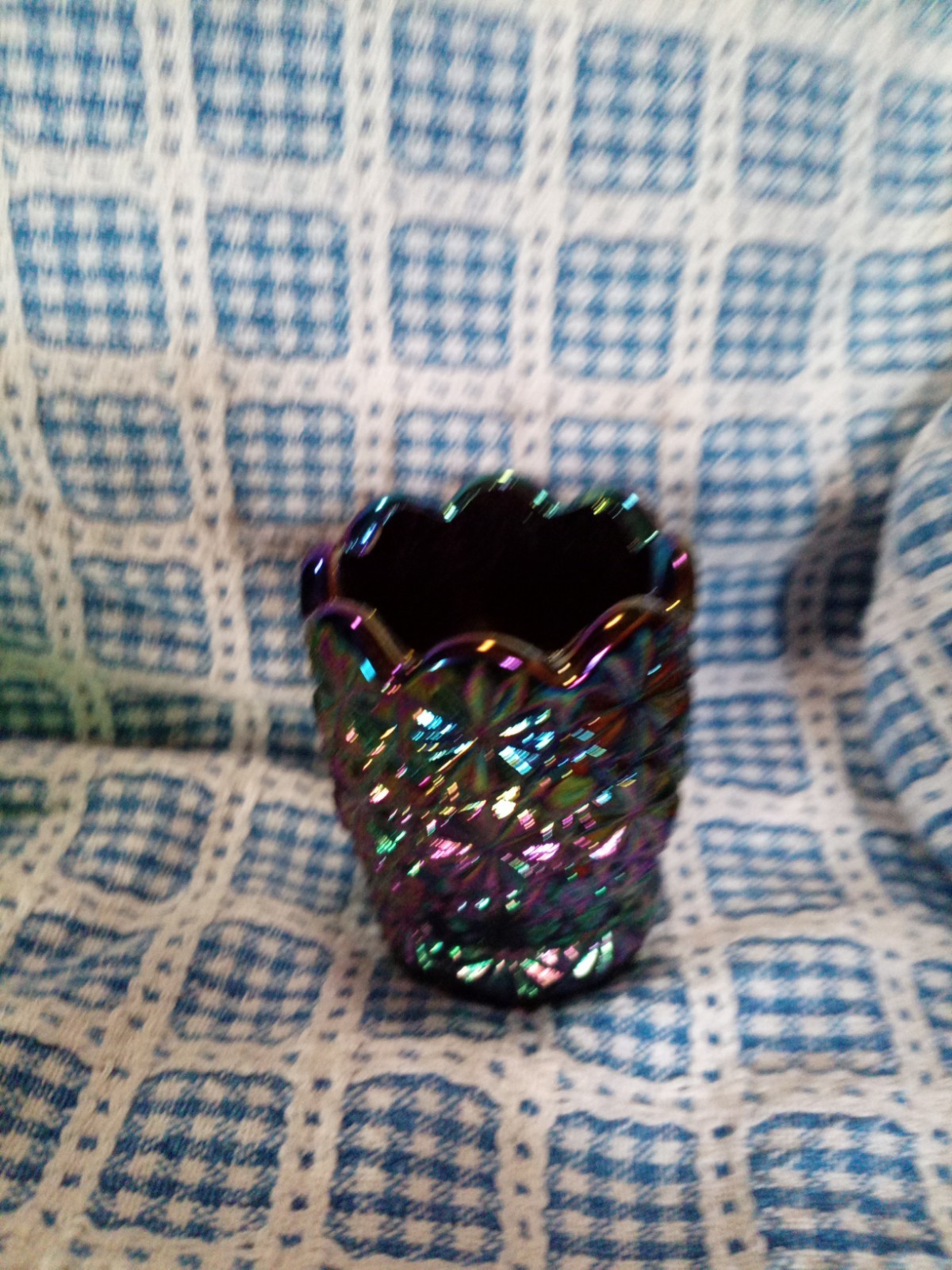 Smith Carnival Glass Toothpick Holder Daisy Button Amethyst Iridescence Vintage