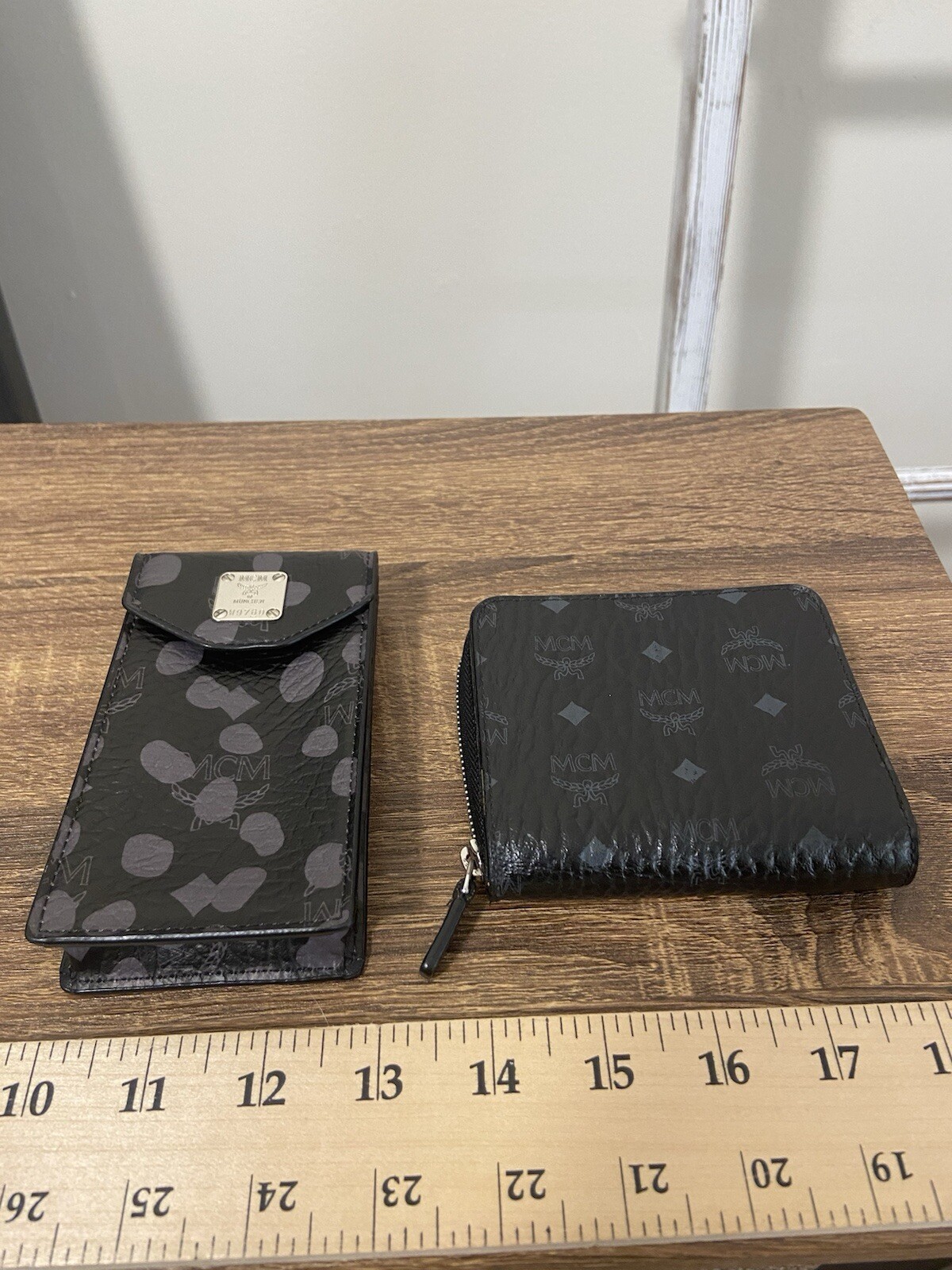 MCM Visetos Black Leather Cigarette Case + Zipper Wallet Set, Great / Good Cond.