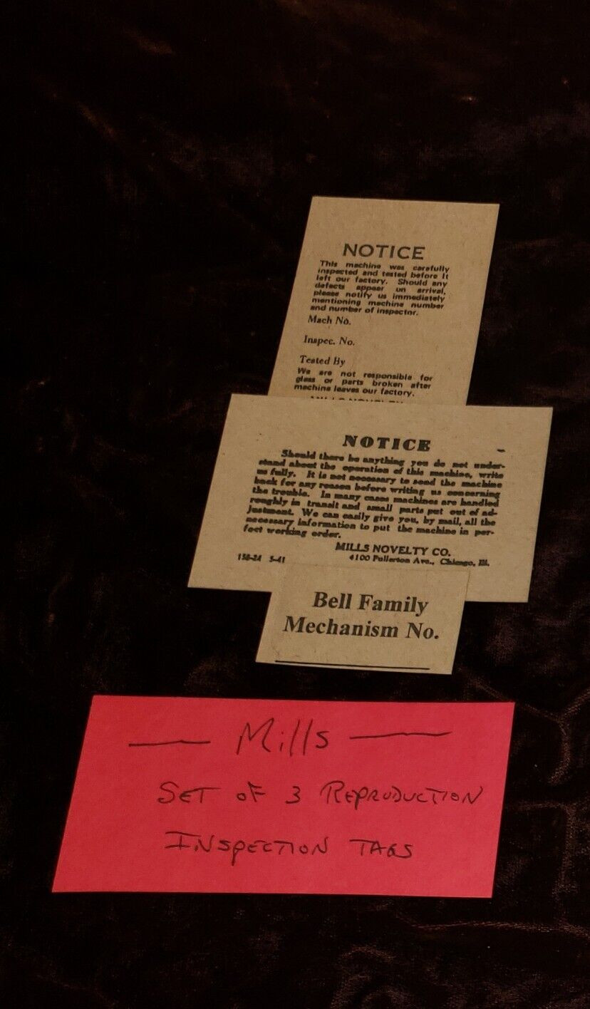 MILLS INSPECTION TAGS, SET OF 3 DIFFERANT TAGS  MILLS ANTIQUE SLOT MACHINES