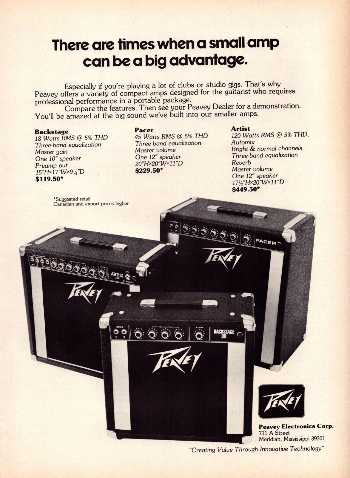 Peavey Amplifiers Guitar Big Advantage Meridian MS Vintage Print Ad 1978
