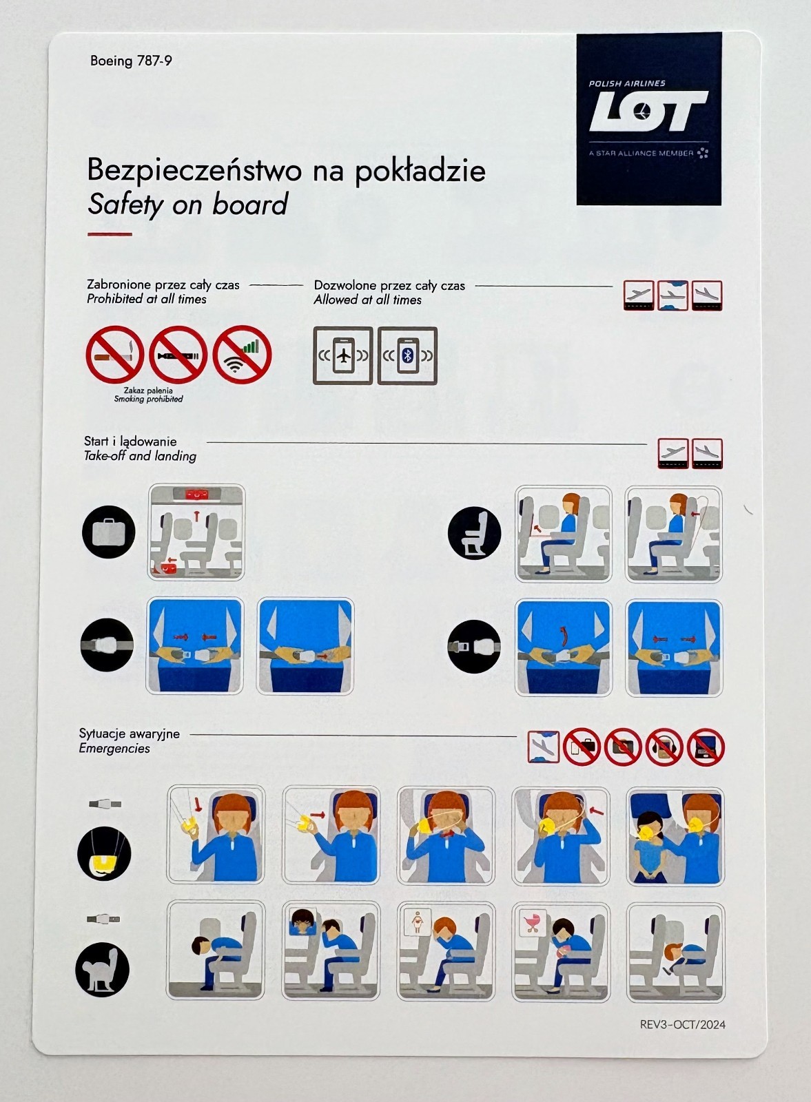 LOT POLISH AIRLINES Boeing 787-9 Airline Safety Card Instructions Oct 2024 Rev 3