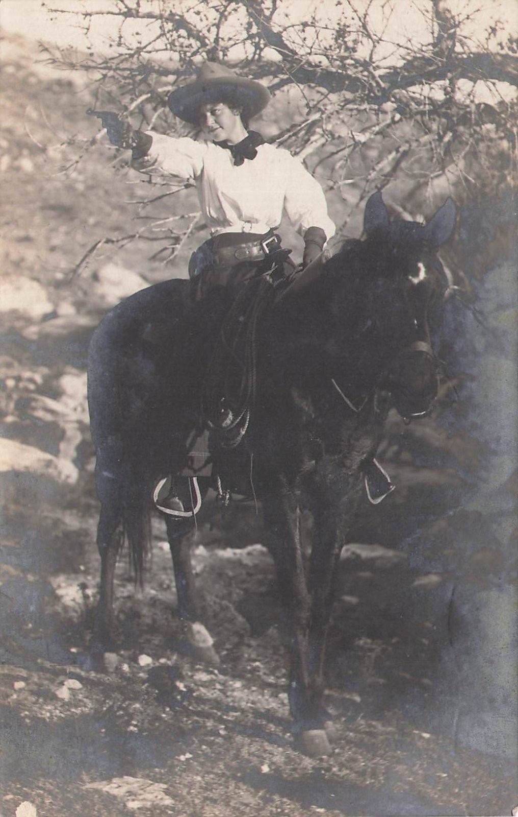 Cowgirl on Horseback with Pistol Western Woman w/ Note on Back RPPC Berkely CA