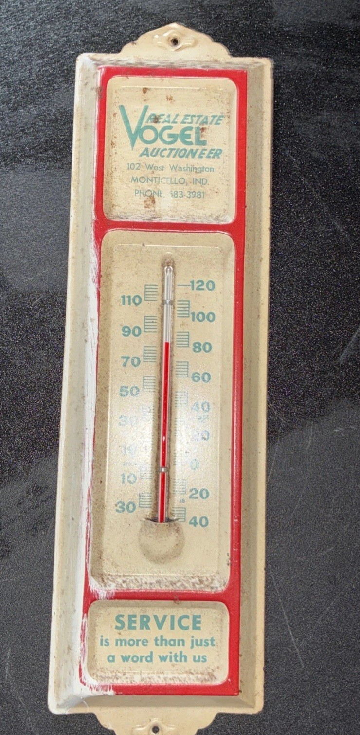 Vintage Vogel Real Estate Auctioneer Monticello, Indiana Metal Thermometer