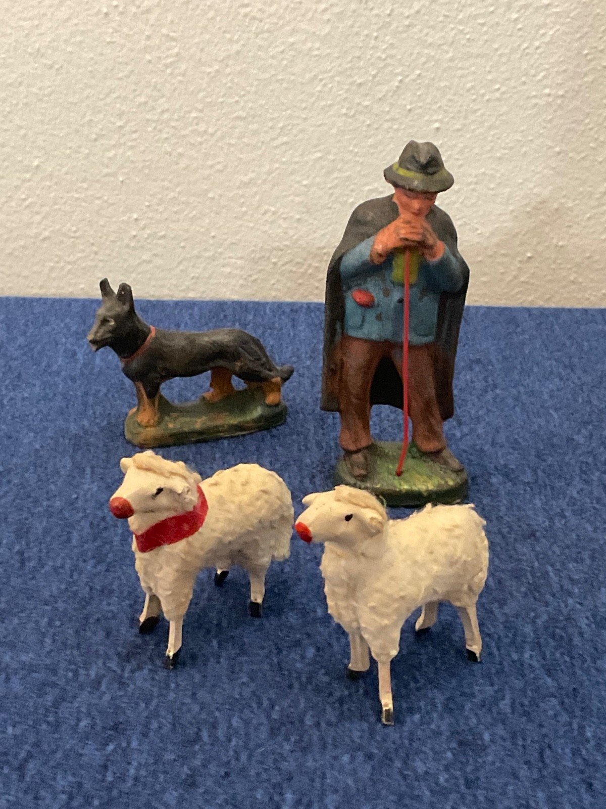 Antique Putz Shepherd with German Shepherd Dog and 2 Matchstick Leg Sheep