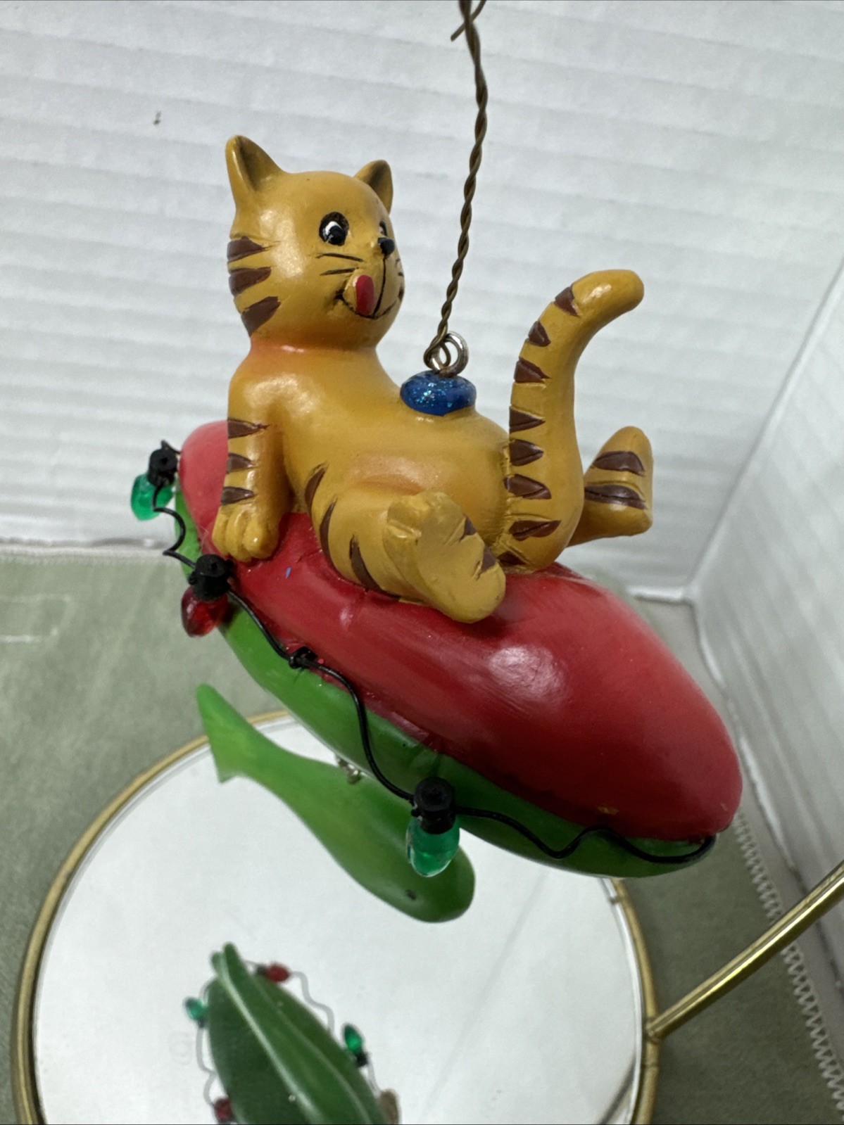 Vtg Wooden Cat Christmas Ornament Hand Painted Fishing, Cat Innertube Chillin