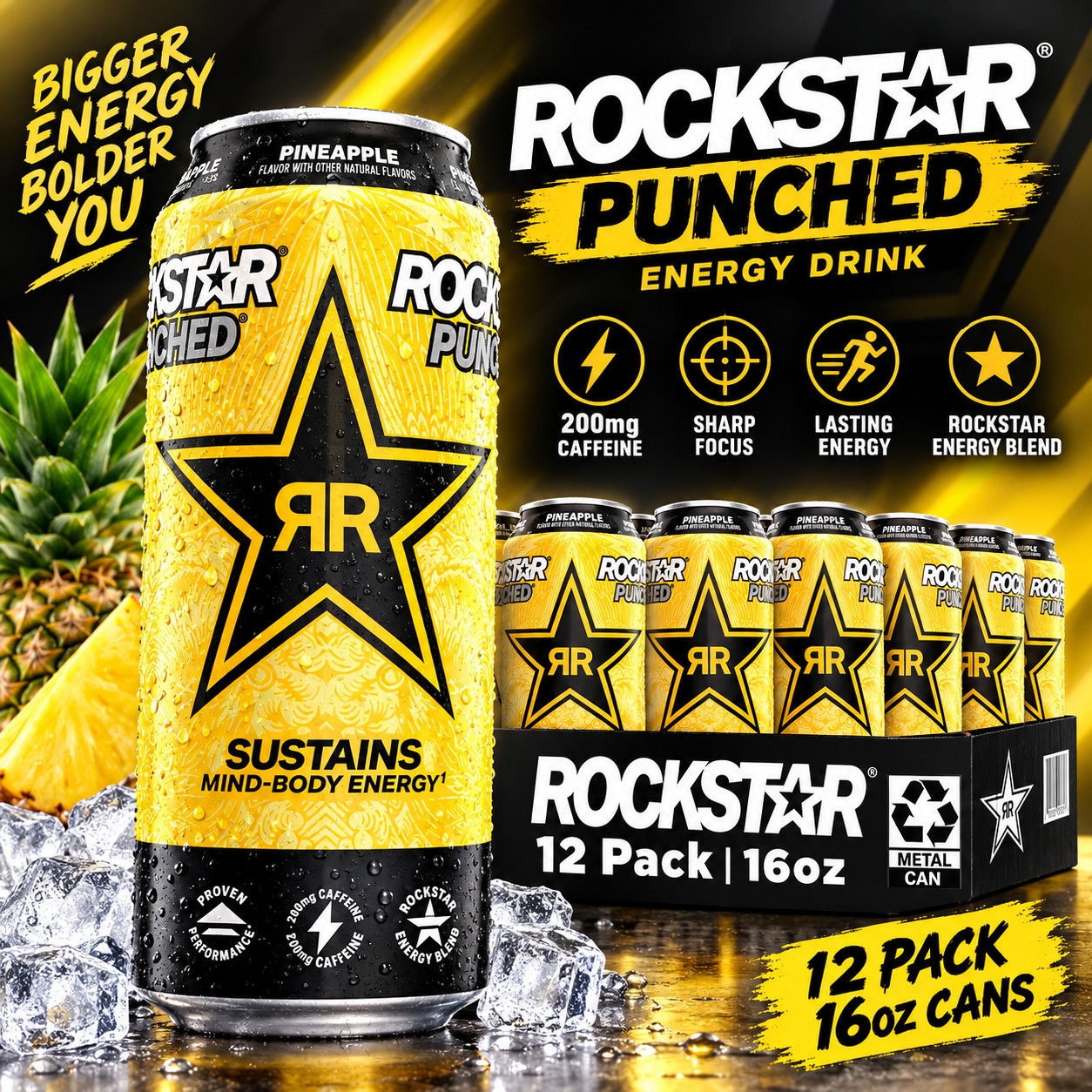 Rockstar Punched Energy Drink, Pineapple, 16 Fl Oz Cans (Pack of 12)