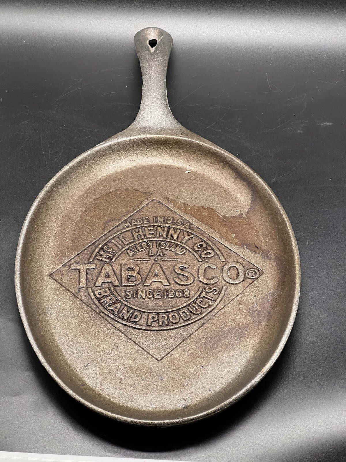 Vintage TABASCO McIlhenny Co Cast Iron Oval Fajita Skillet Pan Advertising