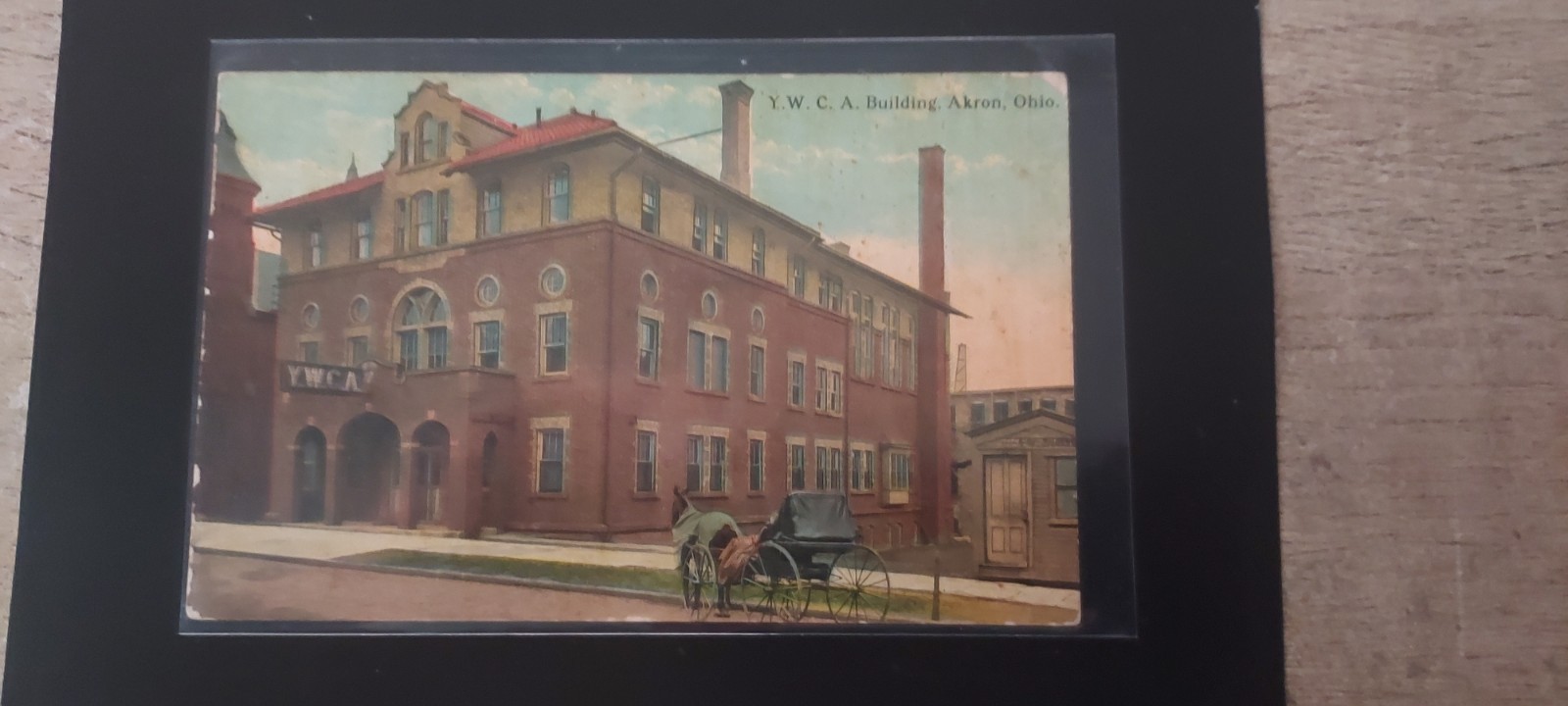 Y. W. C. A. BUILDING AKRON OHIO ANTIQUE POSTCARD 1914 HORSE & BUGGY
