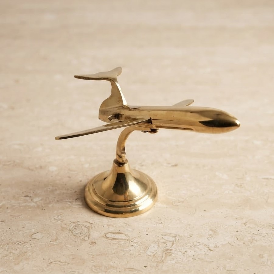 Vintage Brass Airplane Showpiece, Handmade Aircraft Figurine on Stand