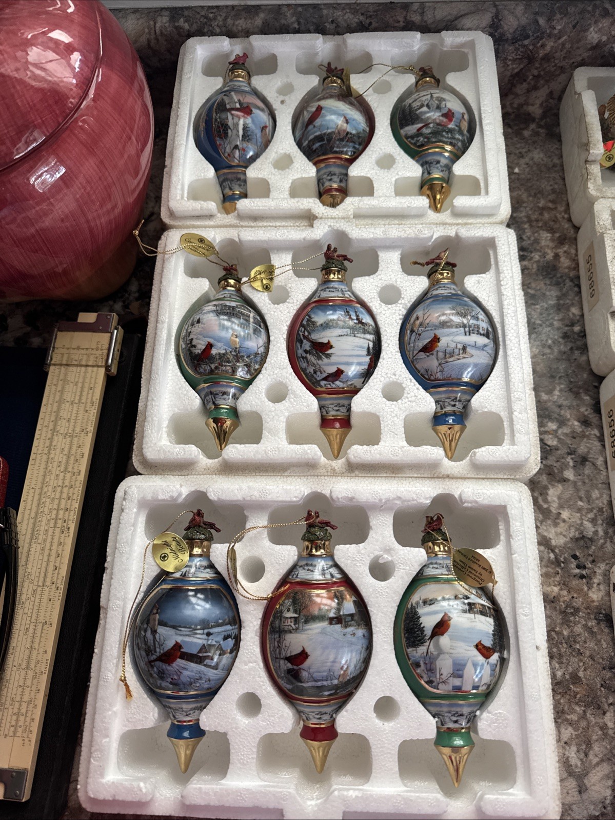 VTG 9 Bradford Editions Ornaments Birds Natures Poetry Porcelain 22K XMAS
