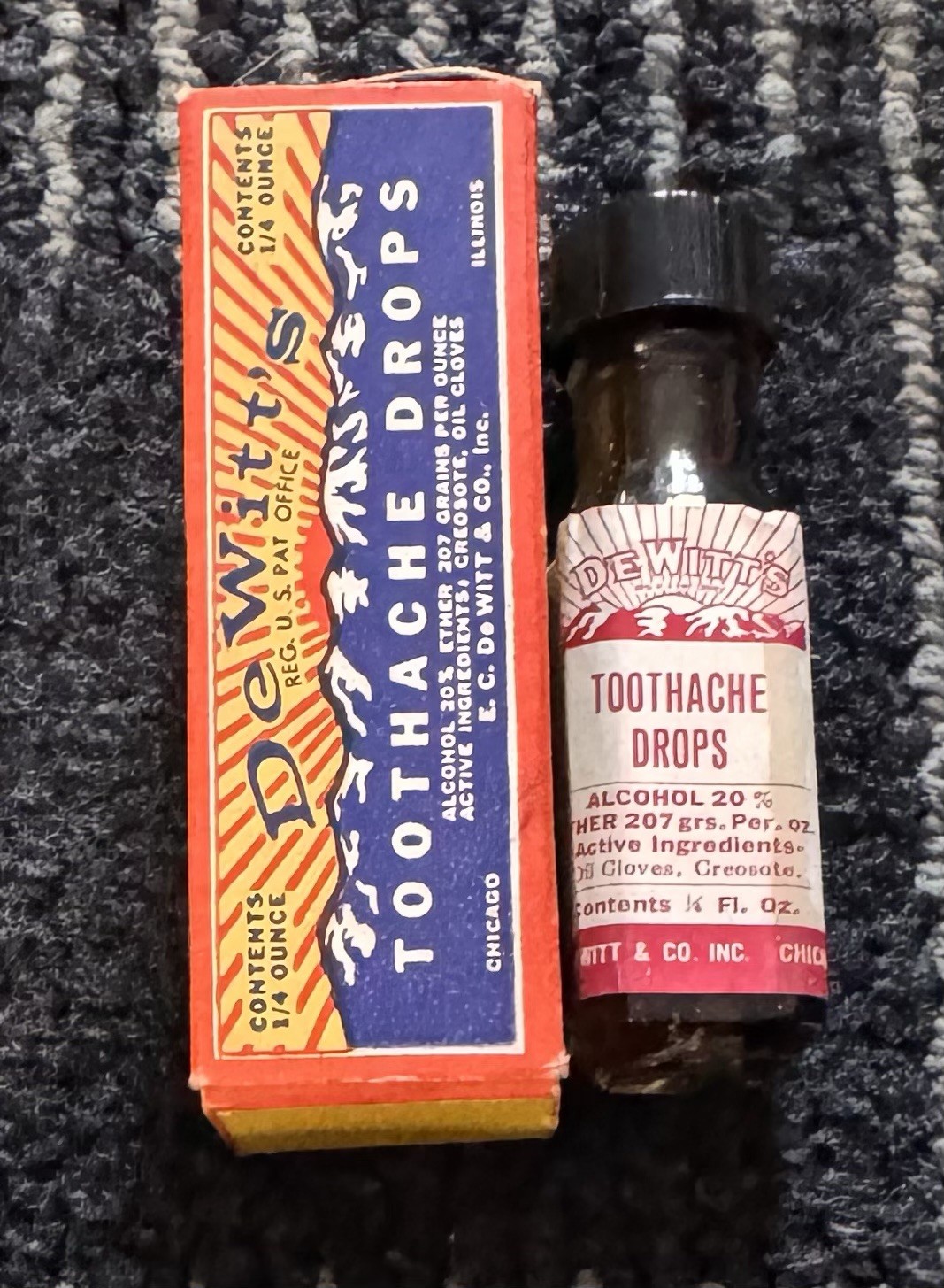 Vintage DeWITT'S TOOTHACHE DROPS with Original BOX Empty Bottle