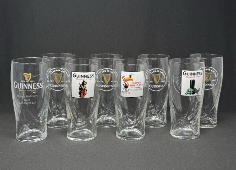 8 GUINNESS 20oz Beer Glasses Embossed Harps Lion Toucan Happy Holidays Turtle
