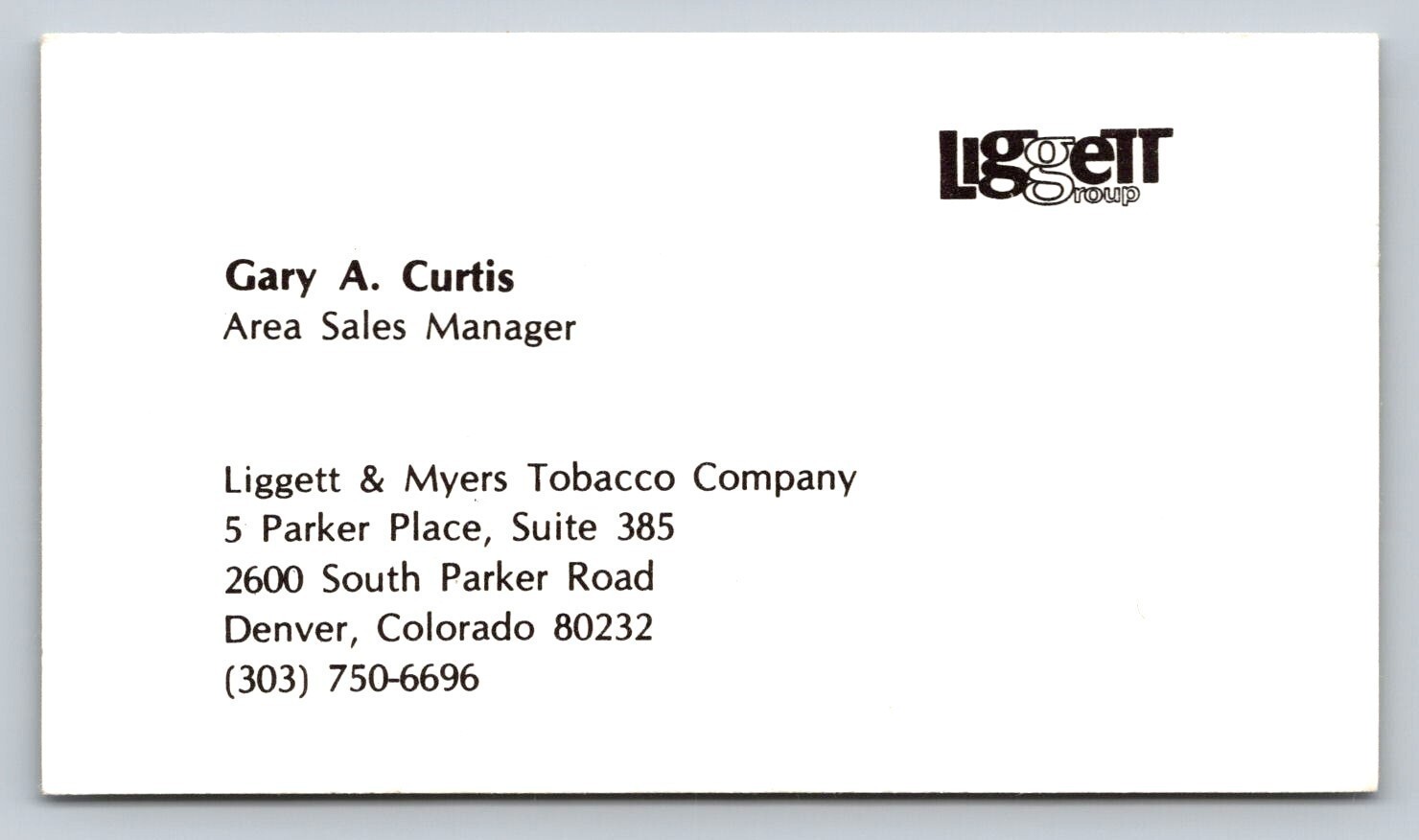 Vintage Business Card Liggett Group Meyers Tobacco Denver Colorado Gary Curtis