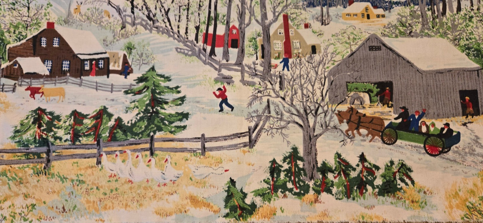 VTG Grandma MoseS Riverdale Fabric Wagon Ride Snow Barn Farmhouse Kids 44