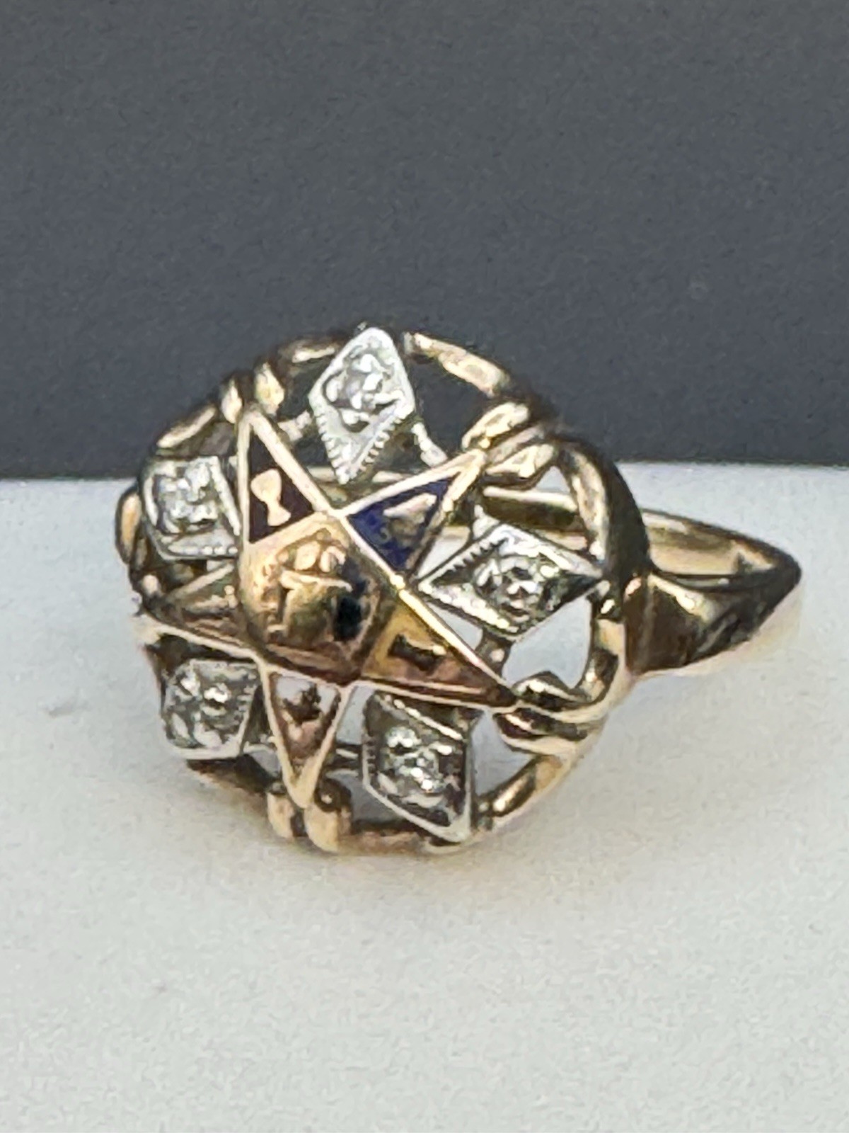 Vintage 10K Gold Ring FANTASY Eastern Star Symbolic Design w/ Diamonds Sz 5.75